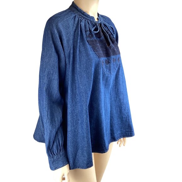 Ne Quittez Pas Anthropologie Top Size Small Peasant Denim Embroidered Blouse Tas - Picture 3 of 9